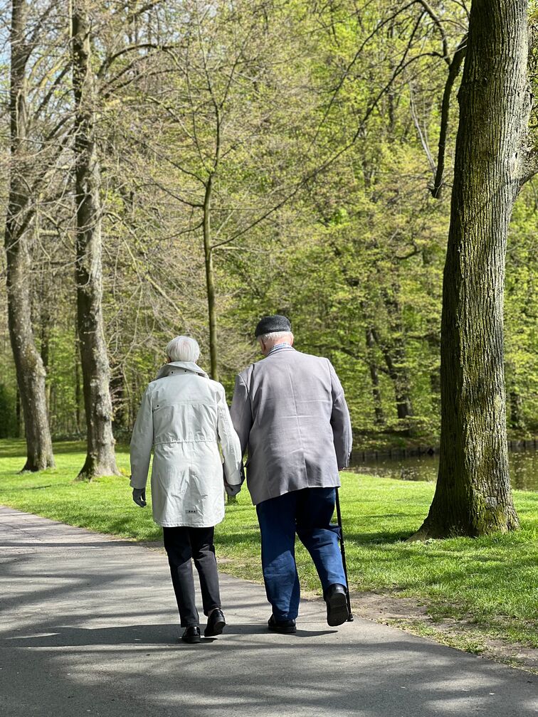 Older couple walking slowly along a tree-lined park path in spring